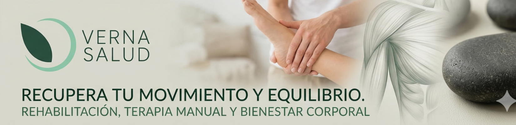 Banner de Verna Salud Fisioterapia en Molina de Segura, con logo, fisioterapeuta realizando masaje en el pie y piedras terapéuticas.