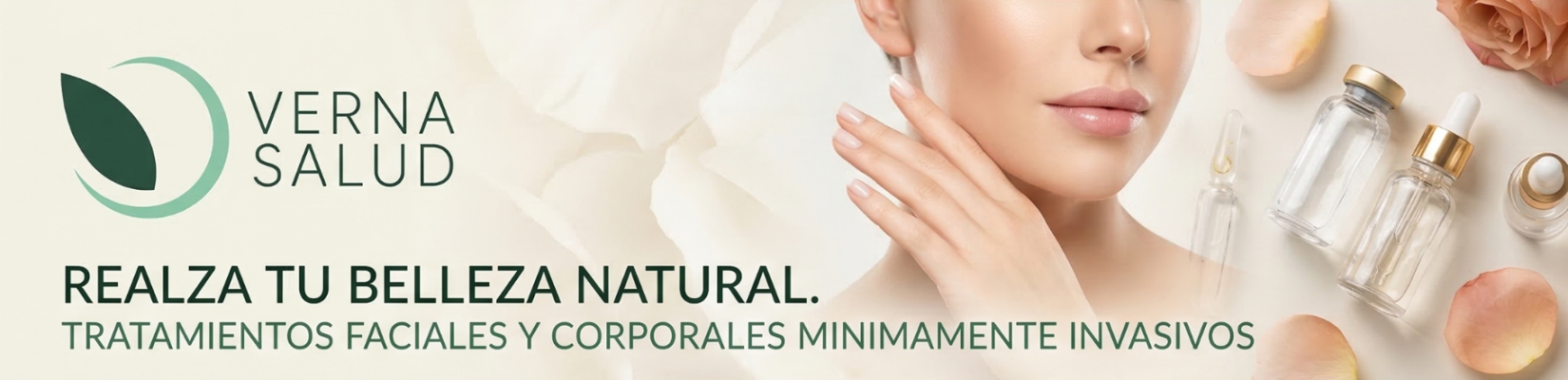 Banner de Verna Salud Medicina Estética en Molina de Segura, mostrando el logo, un rostro radiante y viales de tratamiento personalizado.